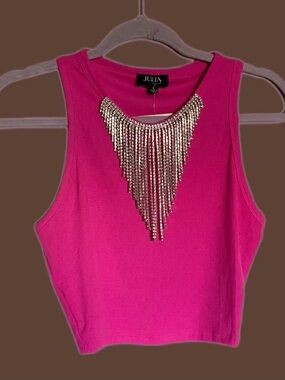 JULIA Hot Pink Rhinestone Fringe Crop Top